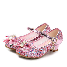 Load image into Gallery viewer, Princess Kids Leather Shoes for Girls Flower Casual Glitter Children High Heel 2020 Girls Shoes Butterfly Knot Blue Pink Silver