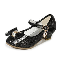 Load image into Gallery viewer, Princess Kids Leather Shoes for Girls Flower Casual Glitter Children High Heel 2020 Girls Shoes Butterfly Knot Blue Pink Silver