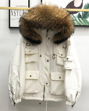 Load image into Gallery viewer, Large Natural Raccoon Fur Women Down Coat Winter Thick 90% White Duck Down Parka Female Hooded Short Jacket Loose Down Outerwear