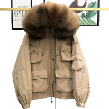 Load image into Gallery viewer, Large Natural Raccoon Fur Women Down Coat Winter Thick 90% White Duck Down Parka Female Hooded Short Jacket Loose Down Outerwear