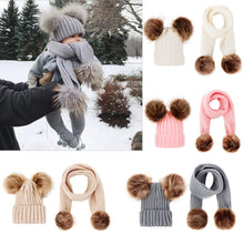 Load image into Gallery viewer, Winter Hats Ears Girls Boys Cap+Scarf 2Pcs Kids Set Baby Keep Warm Children Knit Wool Fur Double Hat Knitted Cute Cap Scarf Set