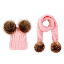Load image into Gallery viewer, Winter Hats Ears Girls Boys Cap+Scarf 2Pcs Kids Set Baby Keep Warm Children Knit Wool Fur Double Hat Knitted Cute Cap Scarf Set