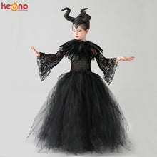Load image into Gallery viewer, Kids Black Devil Tutu Costume Gothic Halloween Girls Fancy Tutu Dress with Feather Shawl Royal Dark Queen Maleficent Gown Dress