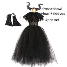 Load image into Gallery viewer, Kids Black Devil Tutu Costume Gothic Halloween Girls Fancy Tutu Dress with Feather Shawl Royal Dark Queen Maleficent Gown Dress
