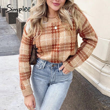 Load image into Gallery viewer, Simplee Women geometric khaki knitted sweater women casual Houndstooth lady pullover sweater female Autumn winter retro jumper