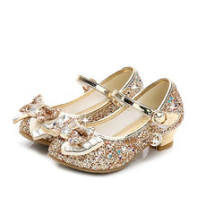 Load image into Gallery viewer, Princess Kids Leather Shoes for Girls Flower Casual Glitter Children High Heel 2020 Girls Shoes Butterfly Knot Blue Pink Silver
