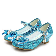 Load image into Gallery viewer, Princess Kids Leather Shoes for Girls Flower Casual Glitter Children High Heel 2020 Girls Shoes Butterfly Knot Blue Pink Silver
