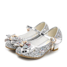 Load image into Gallery viewer, Princess Kids Leather Shoes for Girls Flower Casual Glitter Children High Heel 2020 Girls Shoes Butterfly Knot Blue Pink Silver
