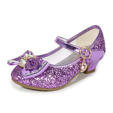 Load image into Gallery viewer, Princess Kids Leather Shoes for Girls Flower Casual Glitter Children High Heel 2020 Girls Shoes Butterfly Knot Blue Pink Silver
