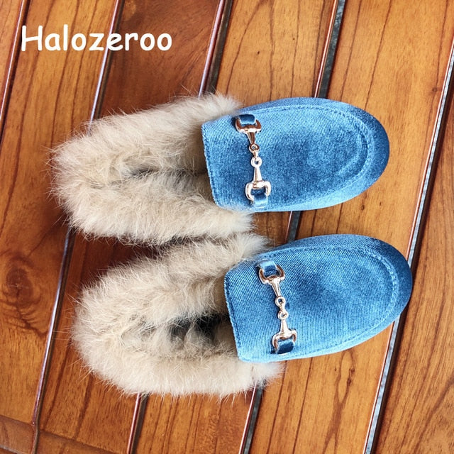 Winter New Kids Fur Shoes Baby Girls Princess Flats Children Warm Brand Shoes Toddler Slip On Black Loafer Fashion Soft Moccasin