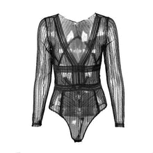 Load image into Gallery viewer, Sexy deep V long-sleeved jumpsuit female hollow open back thin perspective perspective jumpsuit nightclub party queen black
