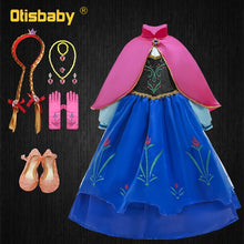 Load image into Gallery viewer, Girls Anna Elsa Dress Fancy Princess Anna Costume Summer Turtleneck Dresses for Girls Fairy Frock Anna Dress Up with Rose Cape
