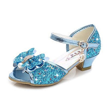 Load image into Gallery viewer, Princess Kids Leather Shoes for Girls Flower Casual Glitter Children High Heel 2020 Girls Shoes Butterfly Knot Blue Pink Silver
