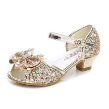 Load image into Gallery viewer, Princess Kids Leather Shoes for Girls Flower Casual Glitter Children High Heel 2020 Girls Shoes Butterfly Knot Blue Pink Silver
