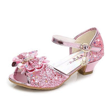 Load image into Gallery viewer, Princess Kids Leather Shoes for Girls Flower Casual Glitter Children High Heel 2020 Girls Shoes Butterfly Knot Blue Pink Silver
