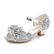 Load image into Gallery viewer, Princess Kids Leather Shoes for Girls Flower Casual Glitter Children High Heel 2020 Girls Shoes Butterfly Knot Blue Pink Silver
