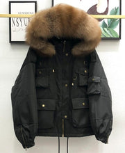 Load image into Gallery viewer, Large Natural Raccoon Fur Women Down Coat Winter Thick 90% White Duck Down Parka Female Hooded Short Jacket Loose Down Outerwear
