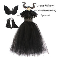 Load image into Gallery viewer, Kids Black Devil Tutu Costume Gothic Halloween Girls Fancy Tutu Dress with Feather Shawl Royal Dark Queen Maleficent Gown Dress

