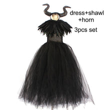 Load image into Gallery viewer, Kids Black Devil Tutu Costume Gothic Halloween Girls Fancy Tutu Dress with Feather Shawl Royal Dark Queen Maleficent Gown Dress
