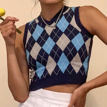 Load image into Gallery viewer, Muyogrt  V Neck Vintage Argyle Sweater Vest Women Black Sleeveless Plaid Knitted Crop Sweaters Casual Autumn Preppy Style
