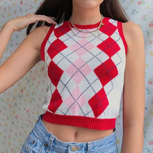 Load image into Gallery viewer, Muyogrt  V Neck Vintage Argyle Sweater Vest Women Black Sleeveless Plaid Knitted Crop Sweaters Casual Autumn Preppy Style
