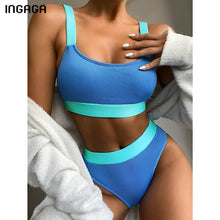 Load image into Gallery viewer, INGAGA High Waist Bikinis 2020 Swimsuits Bandeau Swimwear Women Splicing Biquini Beachwear Sports Ribbed Bathing Suits New
