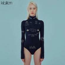 Load image into Gallery viewer, KLALIEN fashion print letter skinny casual turtleneck long sleeve autumn bodysuit women simple basic wild female bodysuit
