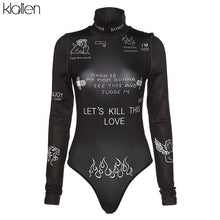 Load image into Gallery viewer, KLALIEN fashion print letter skinny casual turtleneck long sleeve autumn bodysuit women simple basic wild female bodysuit
