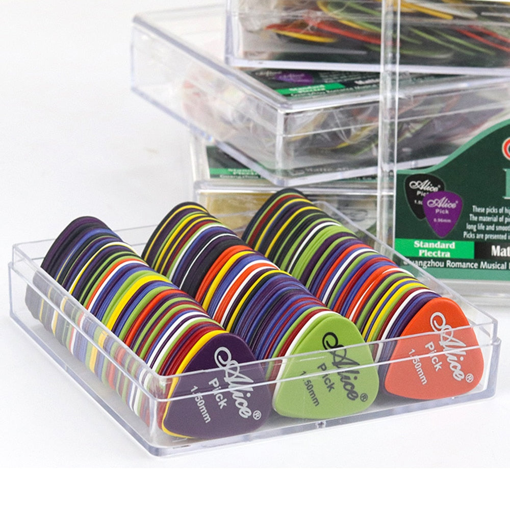 100 pcs Guitar Picks 1 Box Case Acoustic Electric Bass Plectrum Mediator Musical Instrument Thickness mix 0.58-1.5