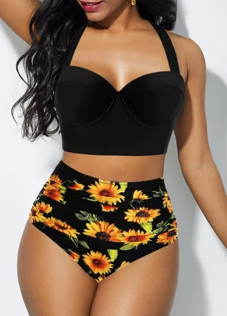 Women Fashion Sunflower Print Sleeveless Bikini Set Top Shorts Two Piece Set Swimsuit Bathing Suit Swimwear Beach Wear Tankinis