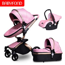 Load image into Gallery viewer, Free Ship Leather 3 in 1 Baby Stroller Two Way Suspension 2 in 1 Stroller EU Safety Car Seat Newborn Bassinet Send Umbrella

