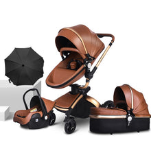 Load image into Gallery viewer, Free Ship Leather 3 in 1 Baby Stroller Two Way Suspension 2 in 1 Stroller EU Safety Car Seat Newborn Bassinet Send Umbrella

