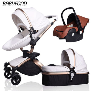 Free Ship Leather 3 in 1 Baby Stroller Two Way Suspension 2 in 1 Stroller EU Safety Car Seat Newborn Bassinet Send Umbrella