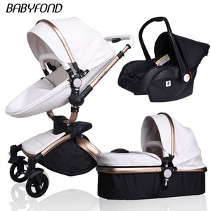 Free Ship Leather 3 in 1 Baby Stroller Two Way Suspension 2 in 1 Stroller EU Safety Car Seat Newborn Bassinet Send Umbrella