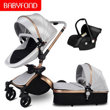 Load image into Gallery viewer, Free Ship Leather 3 in 1 Baby Stroller Two Way Suspension 2 in 1 Stroller EU Safety Car Seat Newborn Bassinet Send Umbrella
