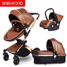 Load image into Gallery viewer, Free Ship Leather 3 in 1 Baby Stroller Two Way Suspension 2 in 1 Stroller EU Safety Car Seat Newborn Bassinet Send Umbrella
